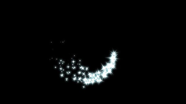 4k glowing glitter star trail animation with twinkling magic dust, Fairy dust wand glitter doodle stars while magic sparkles glitter line trails shimmer with white twinkling particles on black screen.