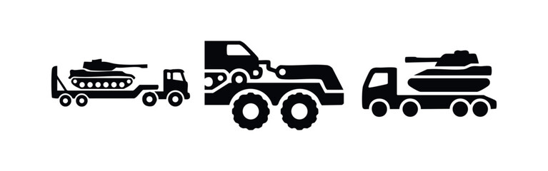 Obraz premium Military transport truck with tank icons set. Army vehicle and heavy cargo.