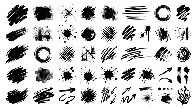 Black Ink Brush Strokes, Splatters, and Scribbles - Grunge Texture Elements