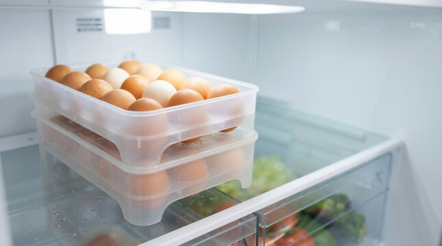 Stacked clear plastic egg trays inside a clean refrigerator. Fresh brown and white eggs on a glass shelf in a modern fridge