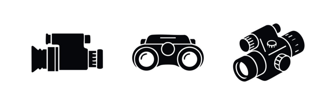 Binoculars and night vision device icons set. Observation and surveillance equipment.