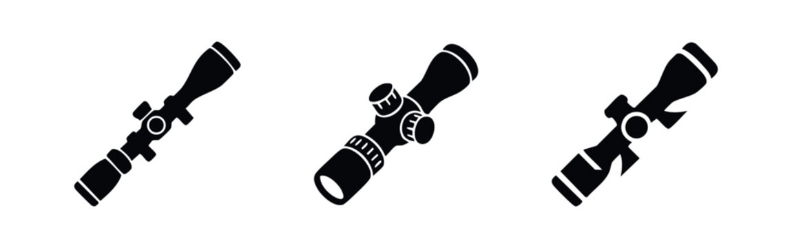 Rifle scope and telescopic sight icons set. Precision aiming and hunting optics.