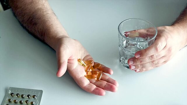 Close-up of a mature man's hand holding omega-3 fish oil capsules beside a glass of water and blister packs of pills illustrating daily supplements and preventive self care.