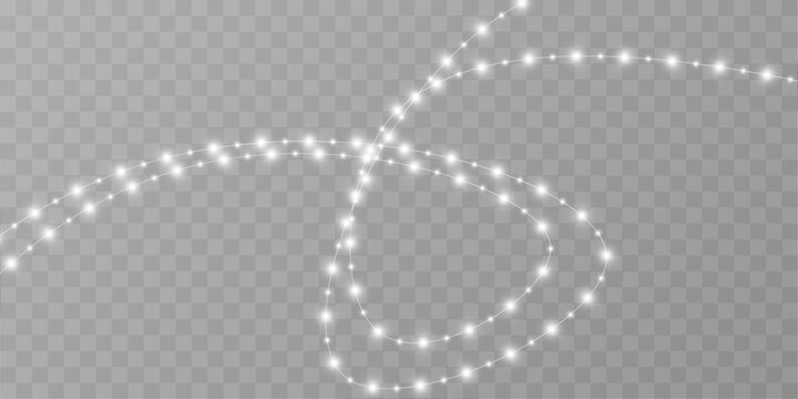 Bright festive white light strand with flowing arc and radiant illumination. Decorative modern design. vector