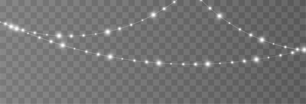 Single white light strand with flowing decorative curve and sparkling festive bulbs. Modern abstract style. vector