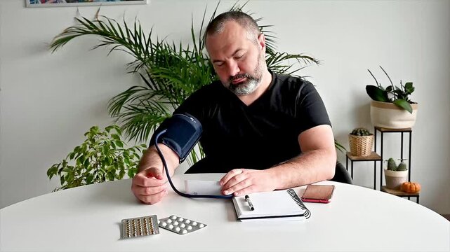 Mature man measures his blood pressure with a home arm-cuff monitor at a table with blister packs of pills illustrating self care hypertension monitoring and preventive home healthcare.