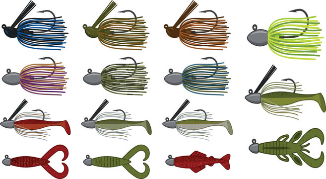 Bass Fishing Jig and Soft Plastic Lure Collection with Skirted Jigs Swimbaits Creature Baits and Angling Tackle Vector Set