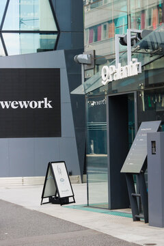 TOKYO, JAPAN - February 18, 2025: Detail of the front of the building known as 'The Iceberg' which contains Palantir and Buzzfeed Japan offices and a Wework facility.