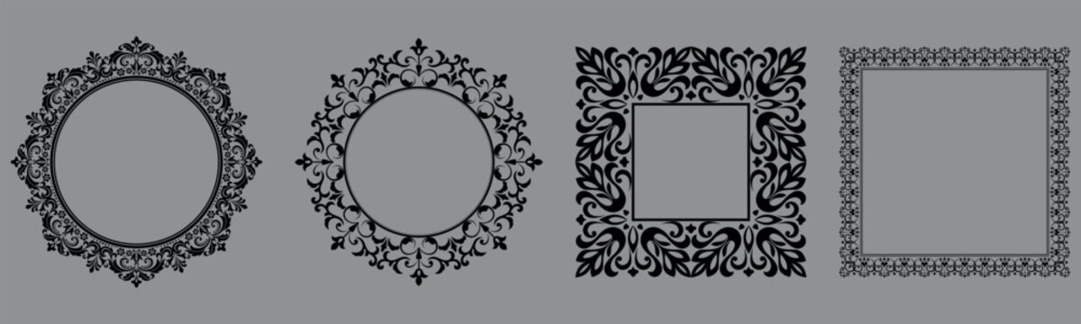 Set of decorative frames Elegant vector element for design in Eastern style, place for text. Floral black and gray frames. Lace illustration for invitations and greeting cards