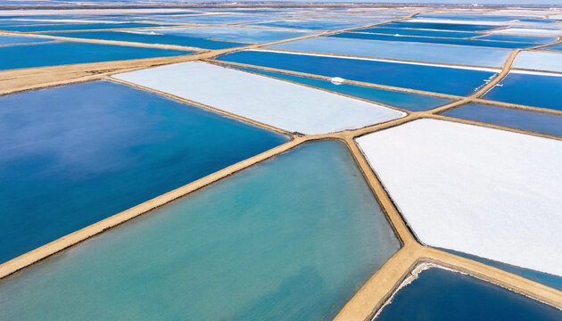 Aerial view of salt evaporation ponds with vibrant blue and white mineral deposits separated by earthen dikes in a coastal salt production