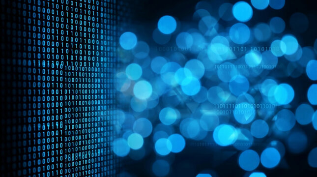 Digital code streams with blue bokeh lights, representing data flow, information, and technology concepts, perfect for digital or futuristic themes