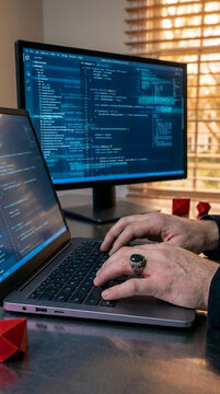 Hands typing on a laptop with code displayed on screen, next to a large monitor with programming text, symbolizing development and digital creation