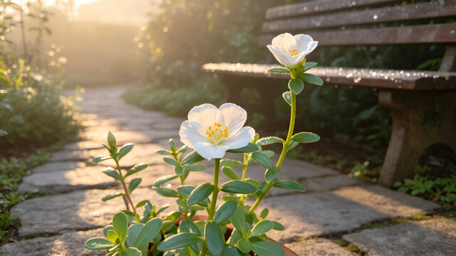 In a quiet corner of the garden, a white flower blooms gracefully. Its soft petals seem to glow in the sunlight.