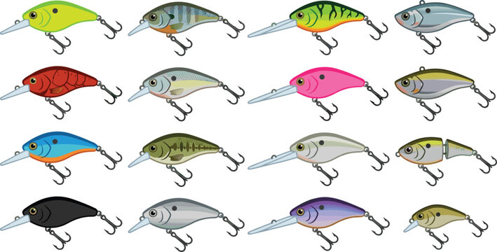 Realistic Crankbait Fishing Lure Collection with Colorful Freshwater Artificial Baits for Bass Angling and Sport Fishing Vector Set
