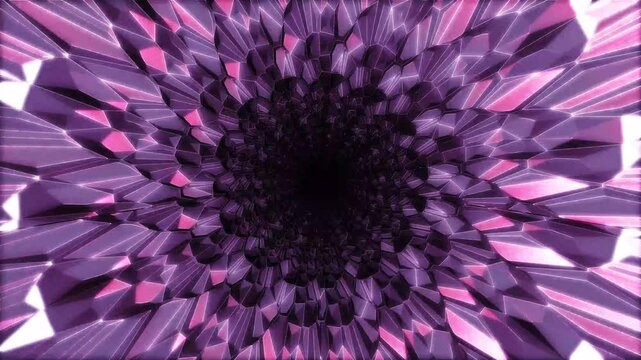 Broken crystal tunnel, diamond shine macro rotate seamless loop with kaleidoscope effect, glowing light reflecting in crystal tunnel with bling bling shining reflection. 4k animation video