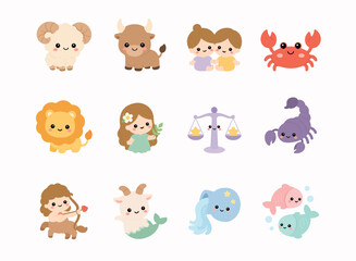 Obraz premium Adorable zodiac and astrology character collection featuring horoscope signs in cute kawaii cartoon style.