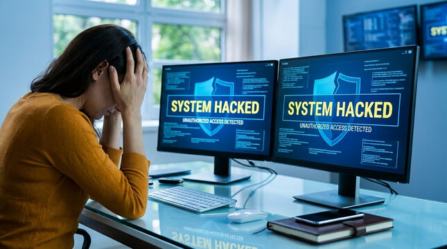 A woman expresses distress in front of dual computer monitors displaying "SYSTEM HACKED" warnings, symbolizing cyber security breach and data loss.