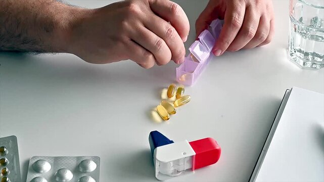 Close-up of hands filling a weekly pill box with omega-3 capsules and pills beside an inhaler and water illustrating medication management adherence and a home healthcare routine.