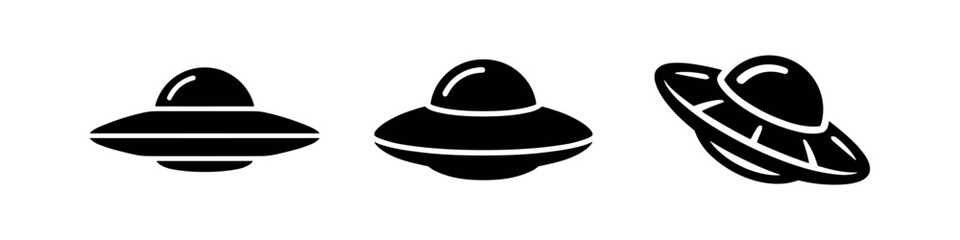 UFO Flying Saucer and Alien Spaceship Icons Set. Extraterrestrial Mystery, Science Fiction, and Cosmic Exploration. © Lili