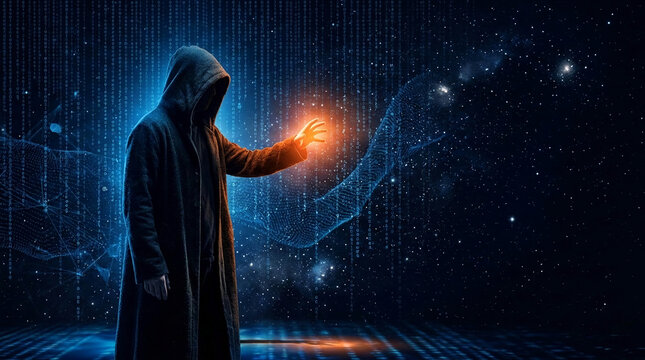 Hooded figure interacting with digital data stream and starry galaxy, representing technology, future, or artificial intelligence