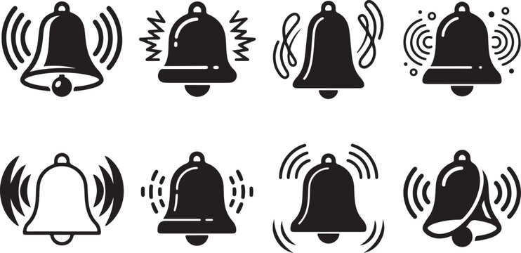Blackandwhite illustration set of ringing alert bells with sound waves