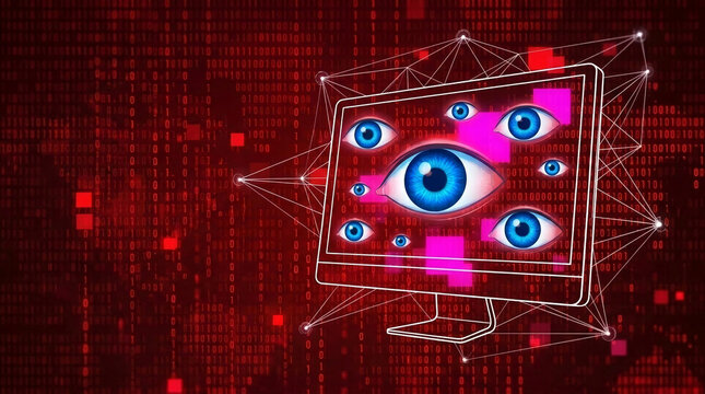Digital screen with multiple eyes and binary code, symbolizing surveillance, data security, and network monitoring, representing digital intrusion.