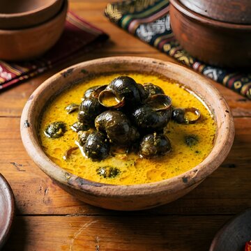 Masak Lemak Siput Sedut features freshwater snails cooked in rich turmeric coconut gravy, served in a rustic clay bowl with authentic Negeri Sembilan heritage flavors.