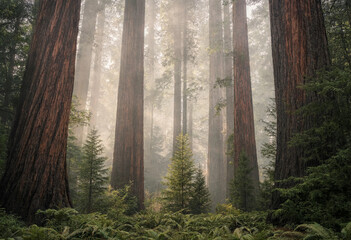Ancient redwood trees in a misty forest with lush green ferns on the ground, creating a serene and atmospheric woodland landscape in nature © come