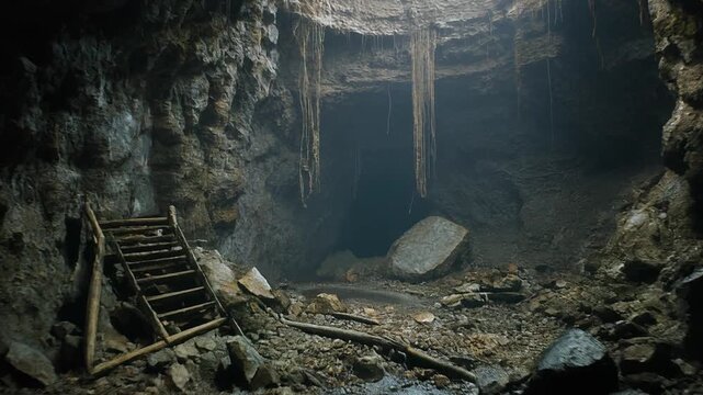 Dark subterranean cavern with wooden stairs and hanging roots captured in cinematic motion video footage scene