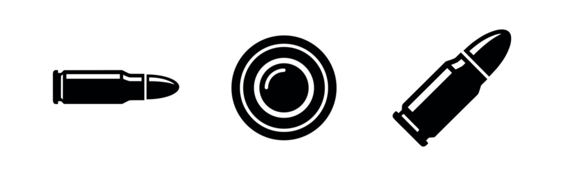 Pistol Bullet Icon Set. Vector illustrations of ammunition and firearm cartridges for defense.