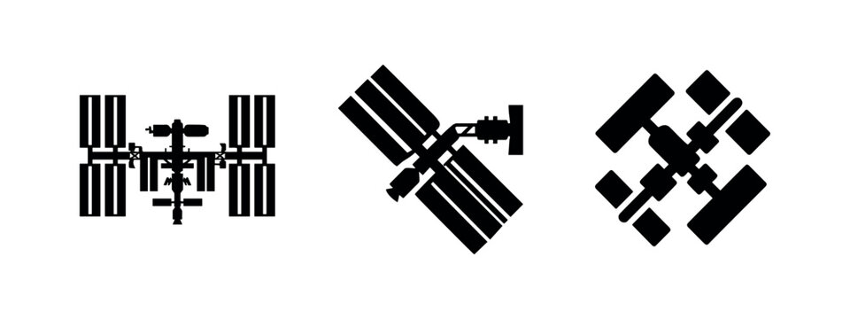 International Space Station (ISS) Icons. Orbital Laboratory Silhouettes.