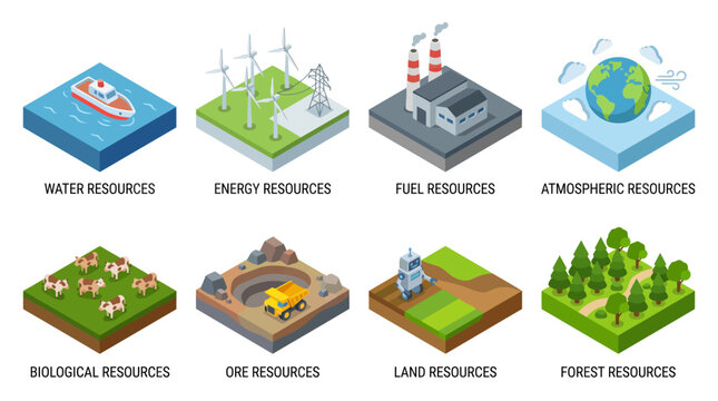 Flat lay illustration of various natural resource icons on a white background