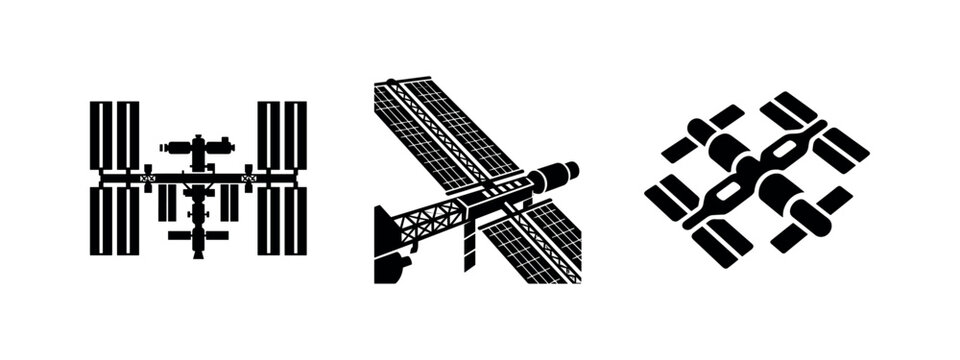 Space Station and Solar Panel Icons. Satellite and Orbital Technology.