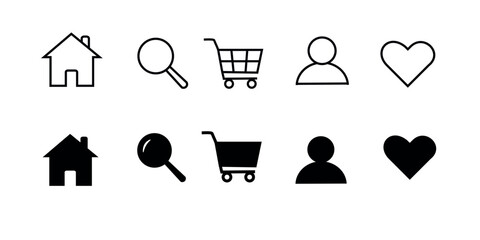 Minimalist web navigation user interface icons set featuring home page search glass shopping cart silhouette avatar profile and heart symbol in line and solid black styles. © Sadia