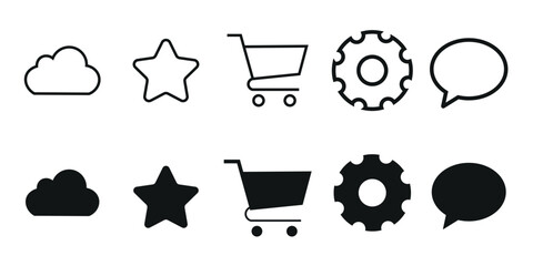 Modern ui navigation icon collection featuring cloud storage star favorite shopping cart gear settings configuration and chat bubble message speech notification symbols pack. © Sadia
