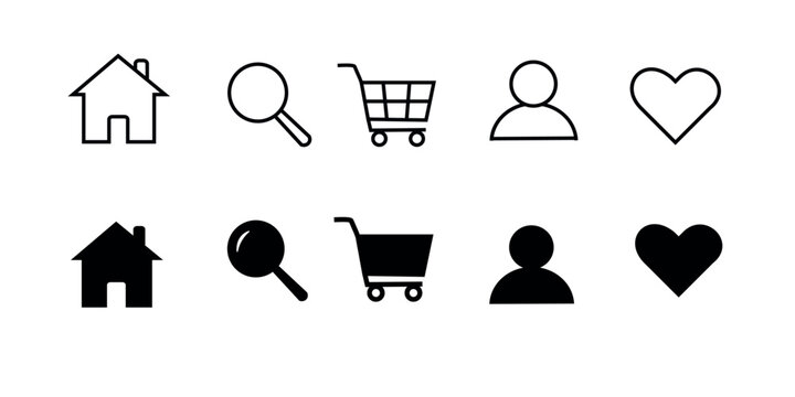 Minimalist web navigation user interface icons set featuring home page search glass shopping cart silhouette avatar profile and heart symbol in line and solid black styles.