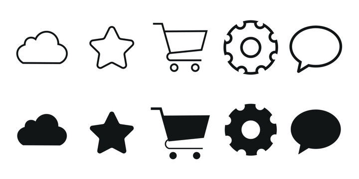 Modern ui navigation icon collection featuring cloud storage star favorite shopping cart gear settings configuration and chat bubble message speech notification symbols pack.