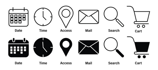 Essential UI web icons set with outline and Glyph styles. Date, time, access,mail,search, and cart vector illustator. © REFAT