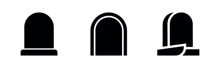 Fototapeta premium Three black silhouette icons of tombstones or grave markers, showing different shapes including a standard tombstone and a broken one.