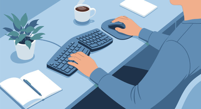 Person typing on an ergonomic keyboard at a desk.