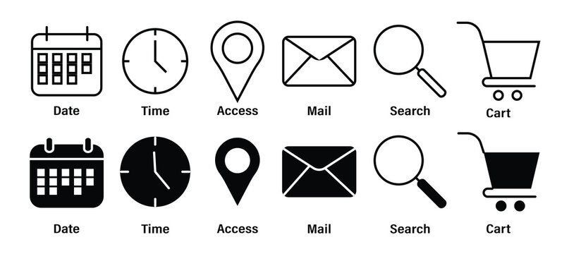Essential UI web icons set with outline and Glyph styles. Date, time, access,mail,search, and cart vector illustator.