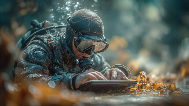 Marine biologist using a tablet underwater with modern diving equipment