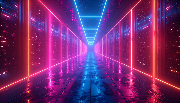 Abstract futuristic corridor with neon lights in pink and blue, digital data streams, technology background