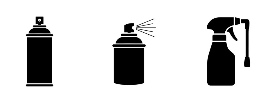 Set of three black silhouette spray bottle and aerosol can icons.