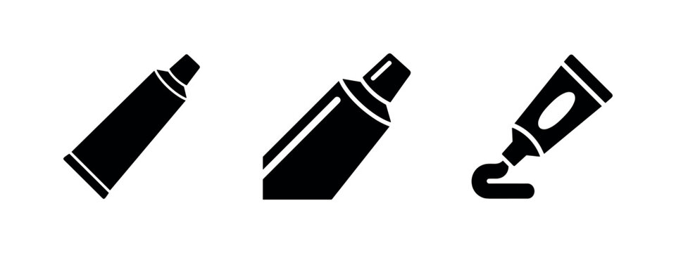 Set of three black silhouette toothpaste tube icons on white background.