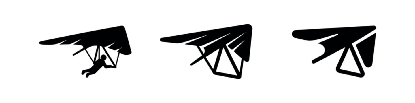 Set of three black silhouette hang glider icons on white background.