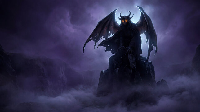 Dark Demon with Wings and Horns on Rocky Perch in Foggy Night