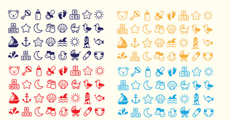 Fototapeta premium Baby icon sets in four vibrant colors - complete collection for newborn and childhood themes.