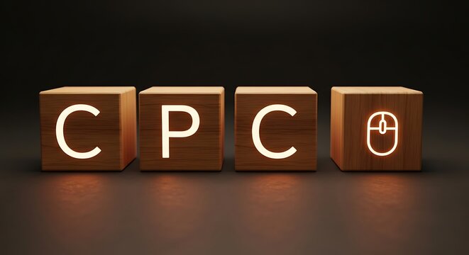Cost Per Click wooden blocks on dark surface with warm lighting