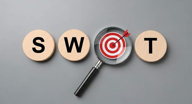 Magnifying Glass Focusing on SWOT Analysis Wooden Blocks on Gray Background